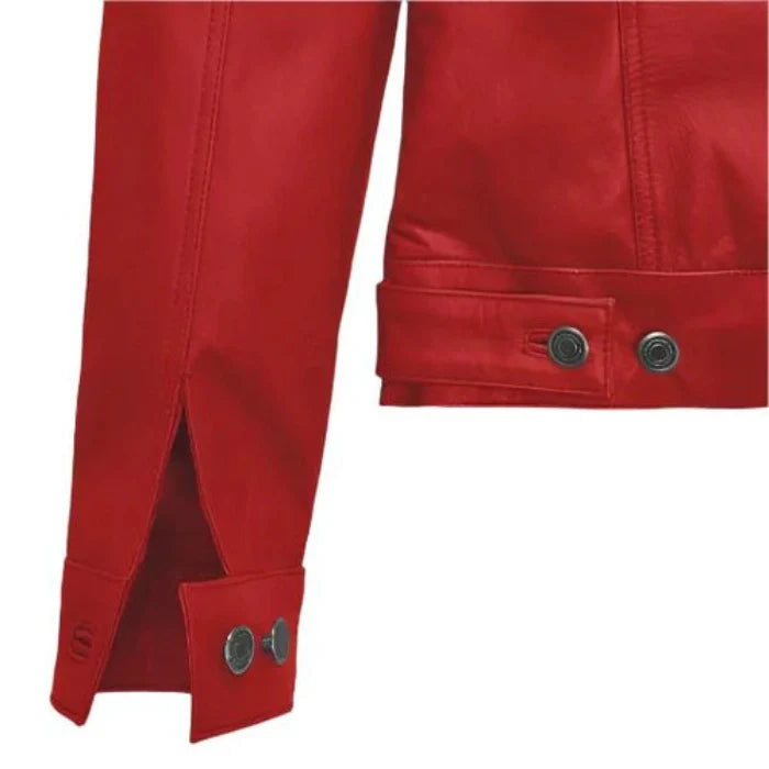 Close-up of a red leather jacket with buttons on a white background