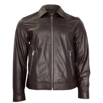 Front view of Brown leather jacket for men with zippers