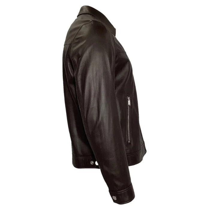 Side view of Brown leather jacket for men on a white background