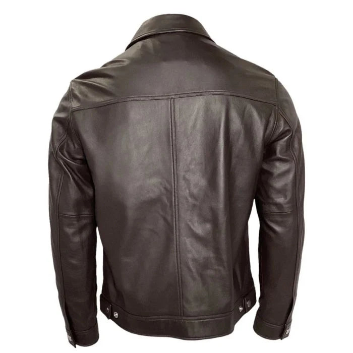 Back view of a brown leather jacket on a white background