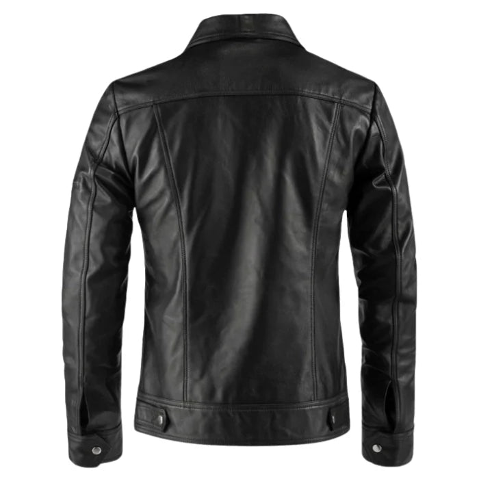 Flat view of shirt collar black leahter jacket