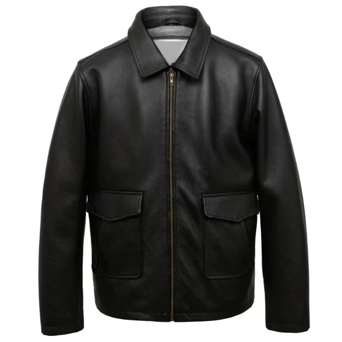 Front view of Black Leather Jacket with Flap Pockets