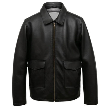 Front view of Black Leather Jacket with Flap Pockets