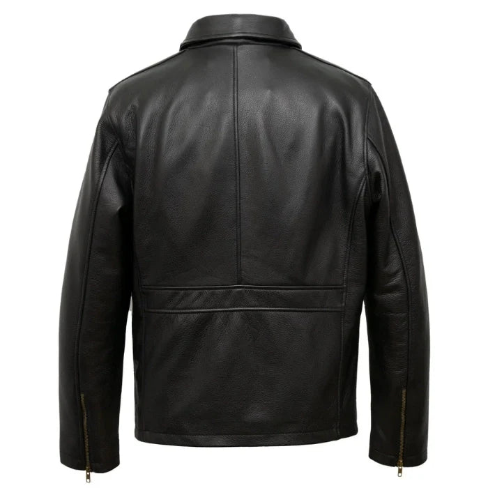 Back view of Black Leather Jacket with detail stitching