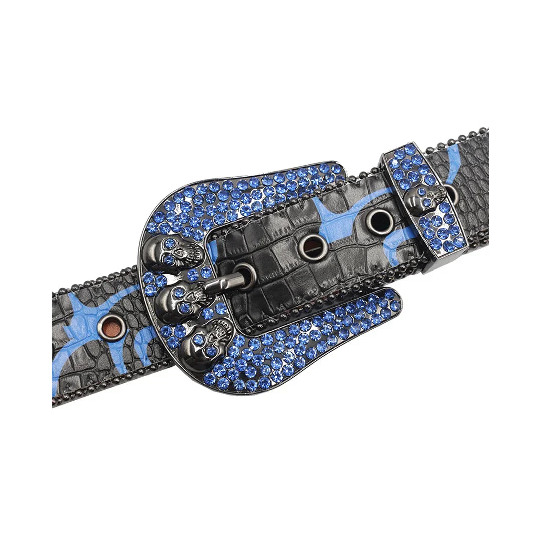 Skull Buckle Black Strap With Blue Studded Rhinestone Belt