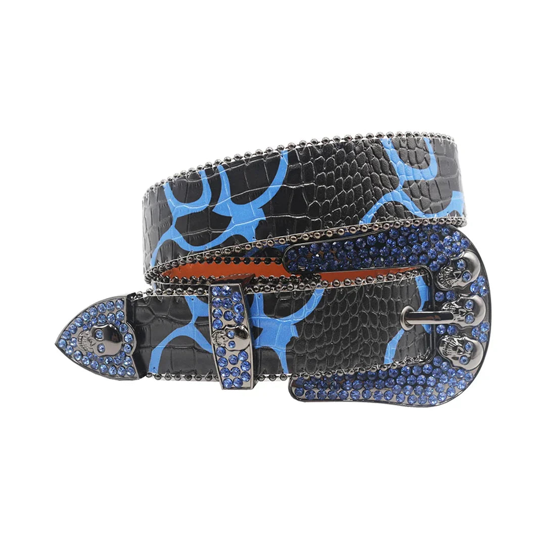 Skull Buckle Black Strap With Blue Studded Rhinestone Belt
