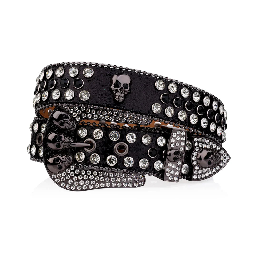 Skull Buckle Black Strap With Black & Crystal Studded Rhinestone Belt