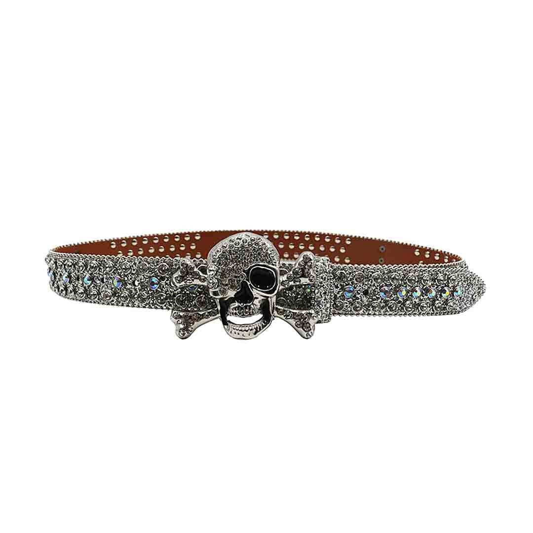 Metal Skull Buckle Silver Strap With Silver & Multi Studded Rhinestone Belt