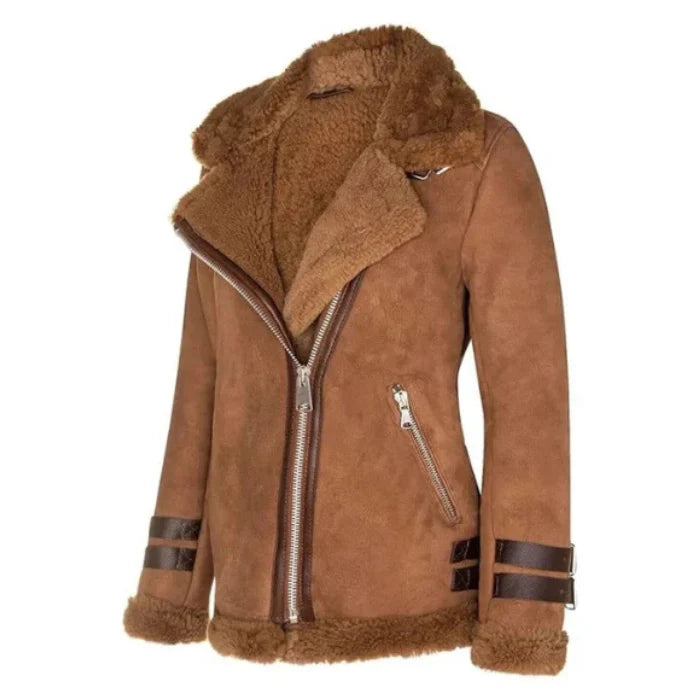 Women's tan brown shearling fur real leather jacket with a plush collar, asymmetrical zipper, and buckle straps on sleeves and waist.