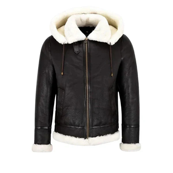 A deep brown leather bomber jacket with a white shearling hood, featuring a front zipper closure, side pockets, and fitted cuffs.