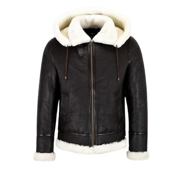A deep brown leather bomber jacket with a white shearling hood, featuring a front zipper closure, side pockets, and fitted cuffs.