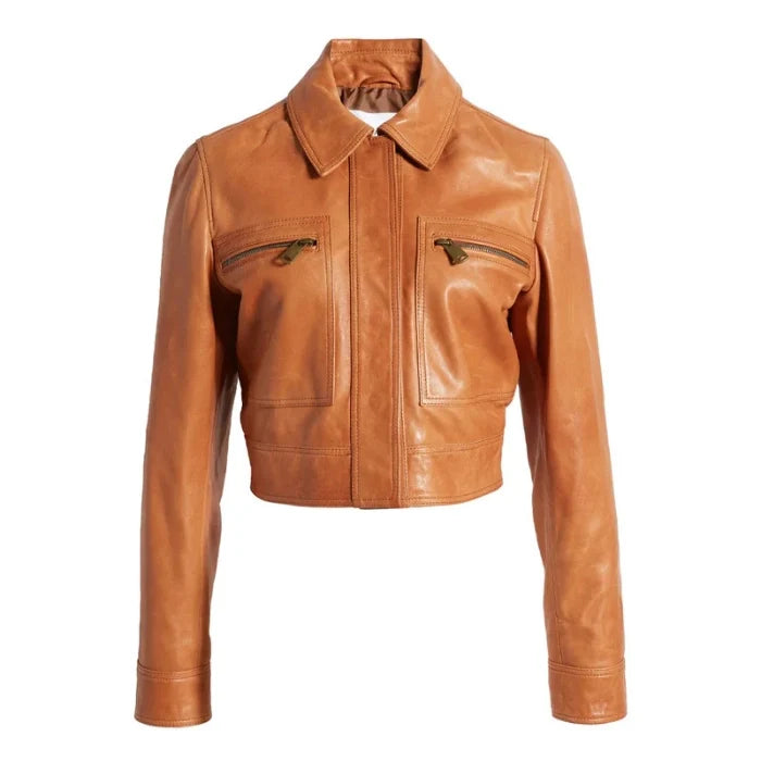 Front view of Brown Crop Moto leather jacket on a white background