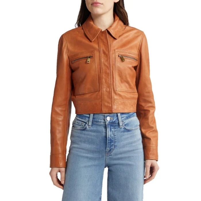 Front view of Brown crop leather jacket worn by a model